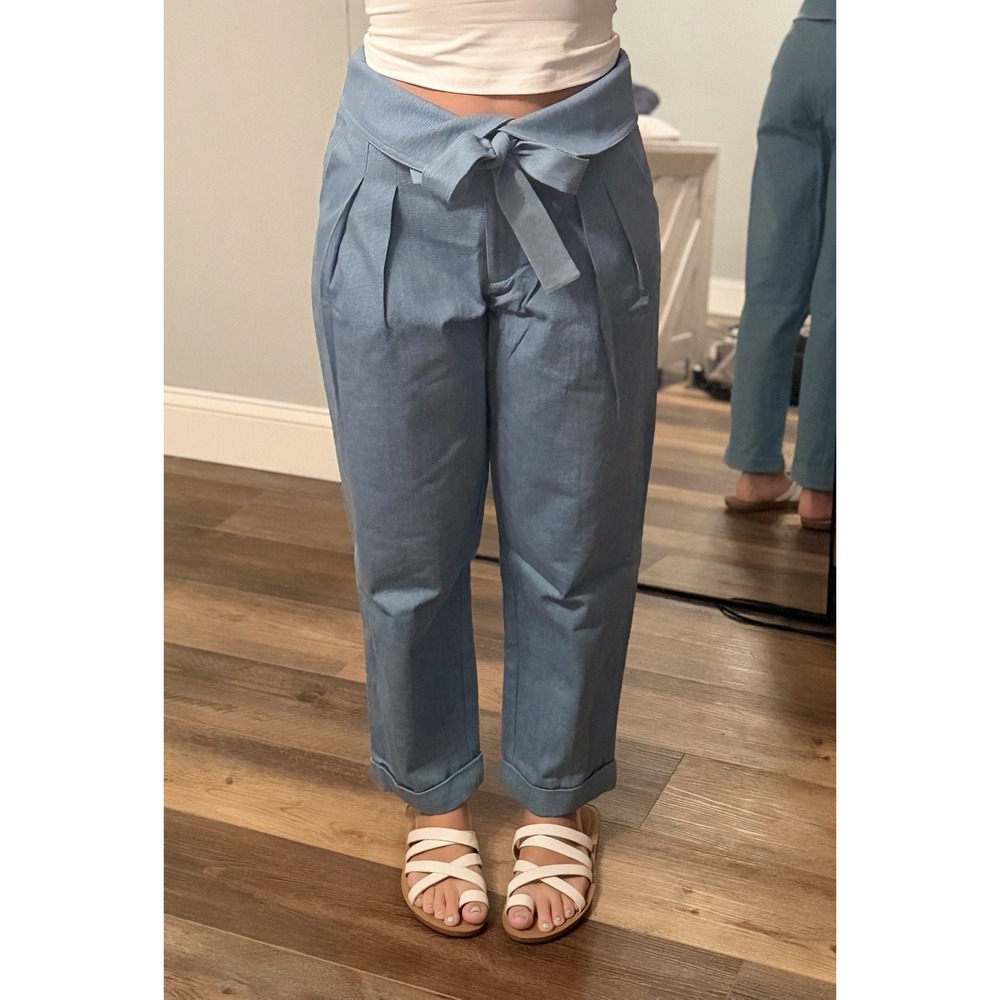 Choosy Ludlow Womens Sz 4 Paper bag Pants Blue Cotton Cuffed Cropped Belt Tie E3